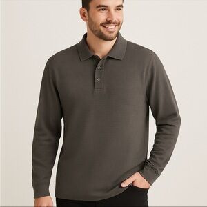 Haggar Stain Resistant Long Sleeve Polo Shirt XL Gray Cotton Blend Business